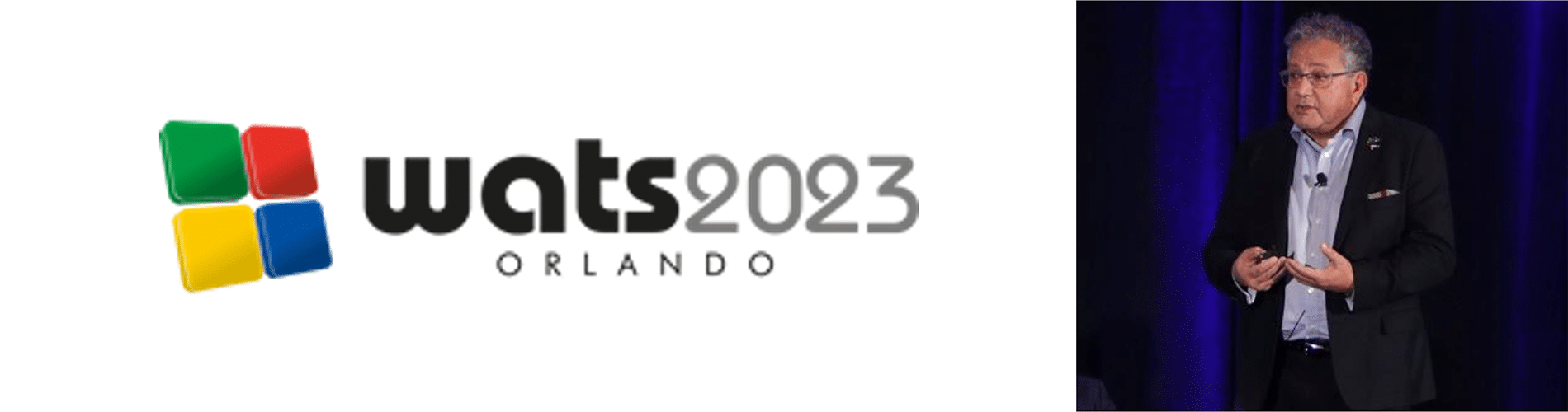 WATS 2023 Logo, with photo of Daniel Serfaty giving keynote