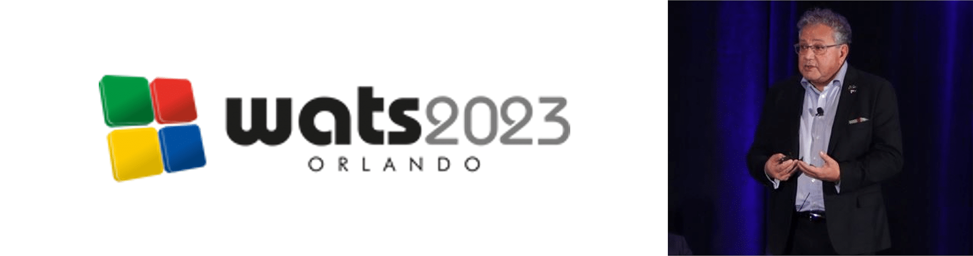 WATS 2023 Logo with photo of Daniel Serfaty giving his keynote at that event